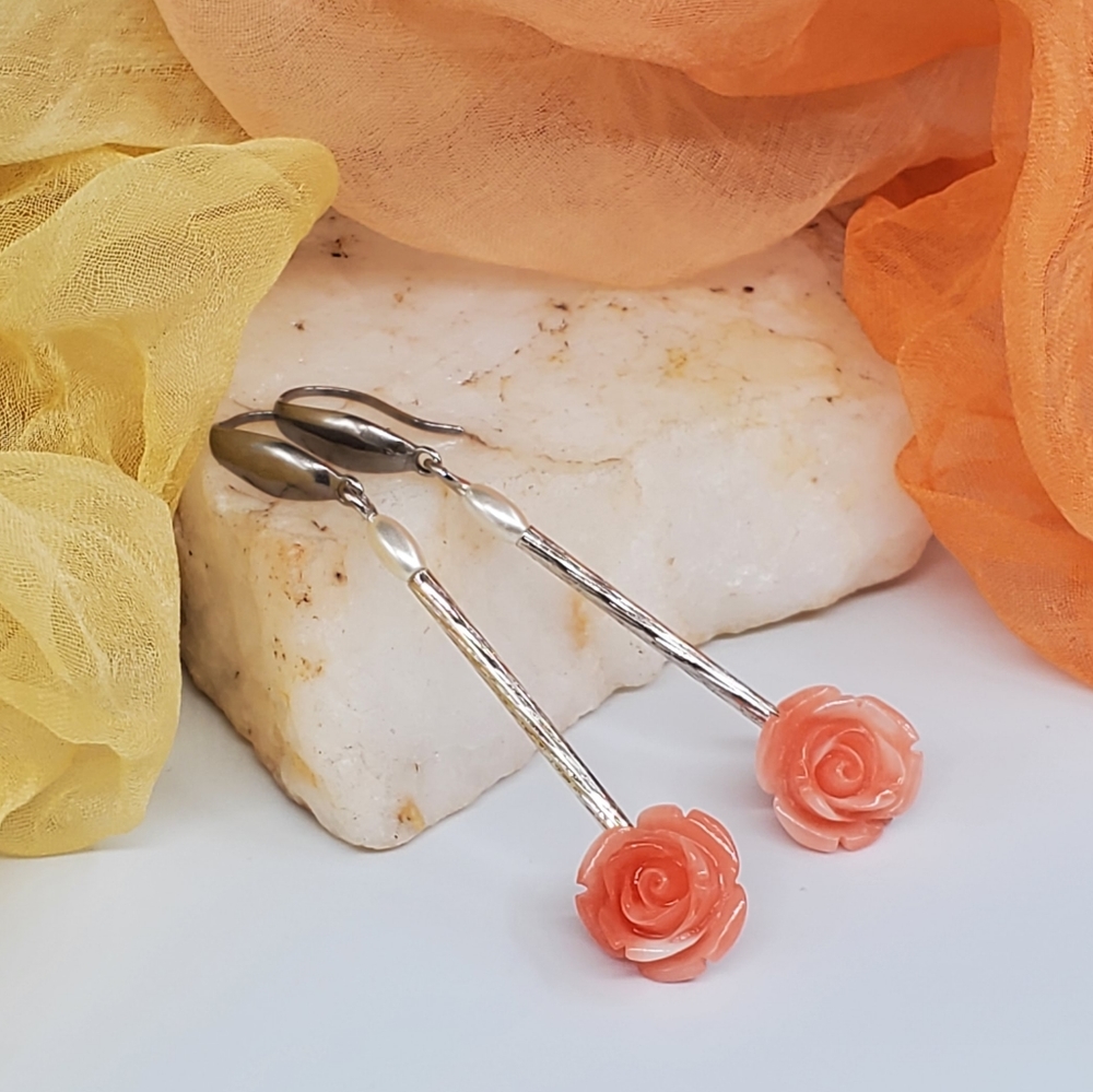 ❤️ Silver Lightweight Earrings Pearls Faux Pink Coral Rose Elegant Boho chic